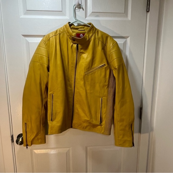Laverapelle Yellow Leather Racing Jacket Full Zip Pockets Moto Fitted Style XL - Picture 3 of 10
